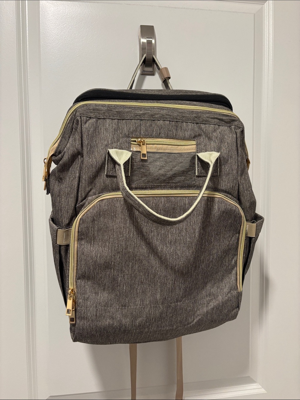 Versatile Women's Baby Bag Backpack in Gray with Cream Trim